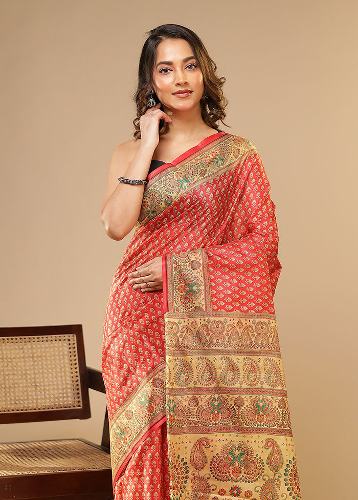 Red Printed Pure Silk Saree Without Blouse Piece