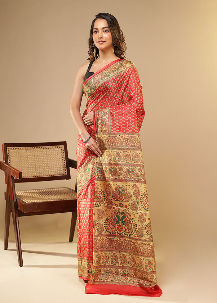 Red Printed Pure Silk Saree Without Blouse Piece