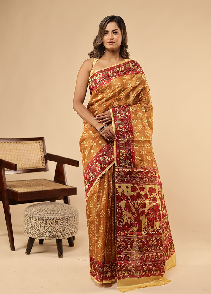 Cream Printed Pure Silk Saree With Blouse Piece