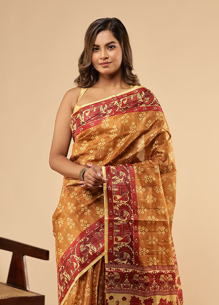 Cream Printed Pure Silk Saree With Blouse Piece