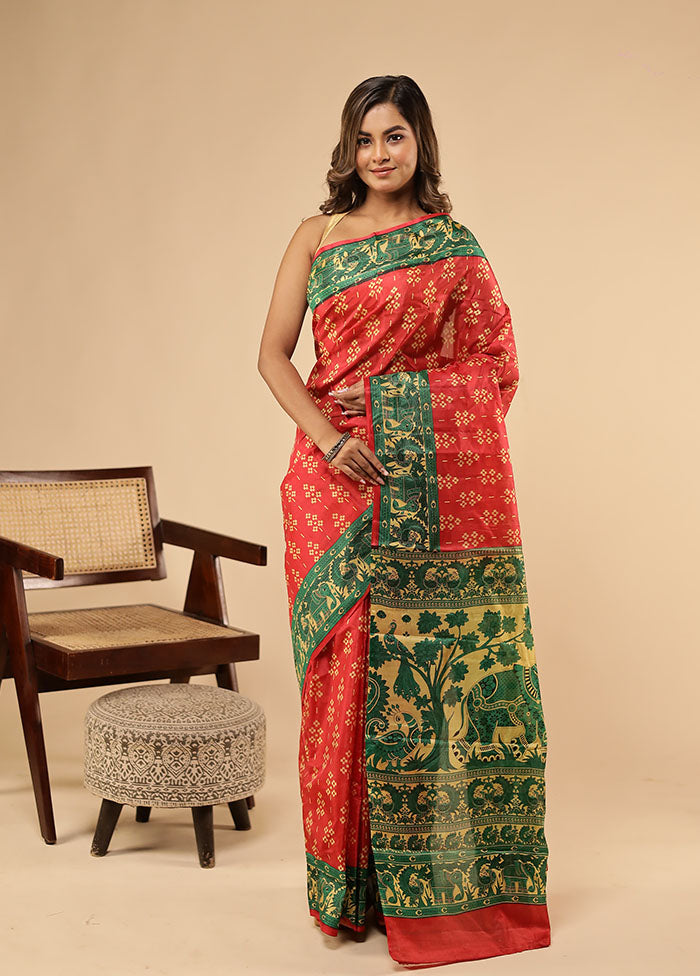 Red Printed Pure Silk Saree With Blouse Piece