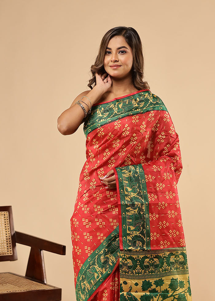 Red Printed Pure Silk Saree With Blouse Piece