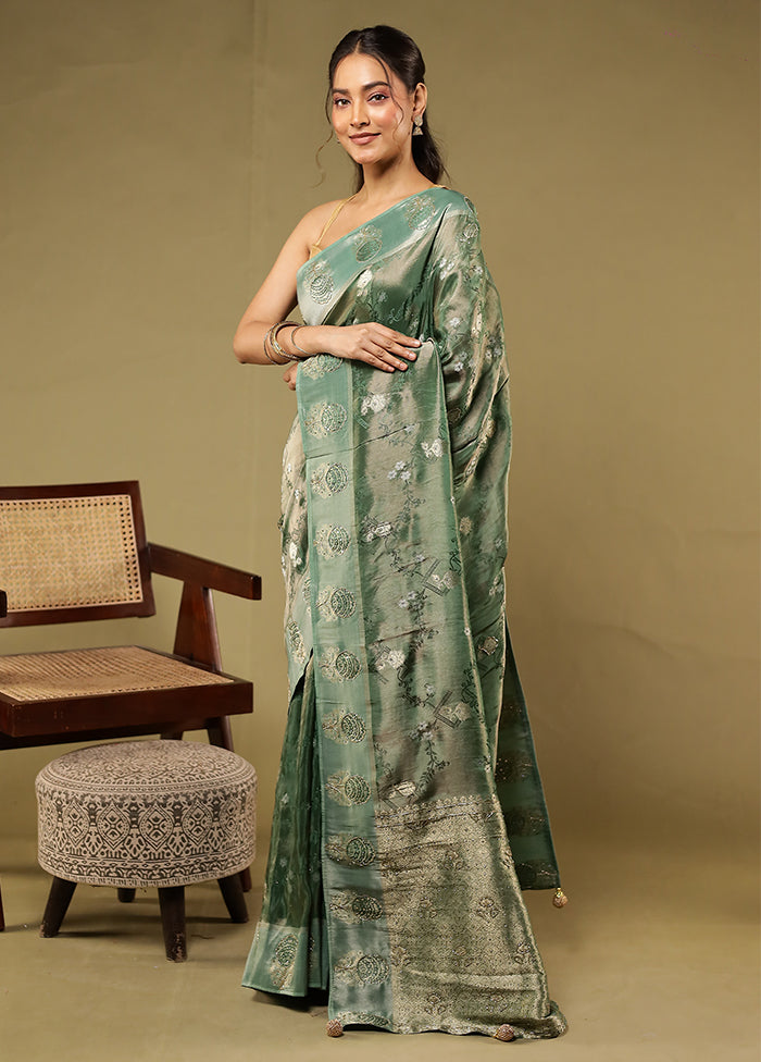Green Handloom Pure Georgette Saree With Blouse Piece