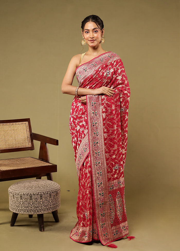Pink Handloom Pure Georgette Saree With Blouse Piece