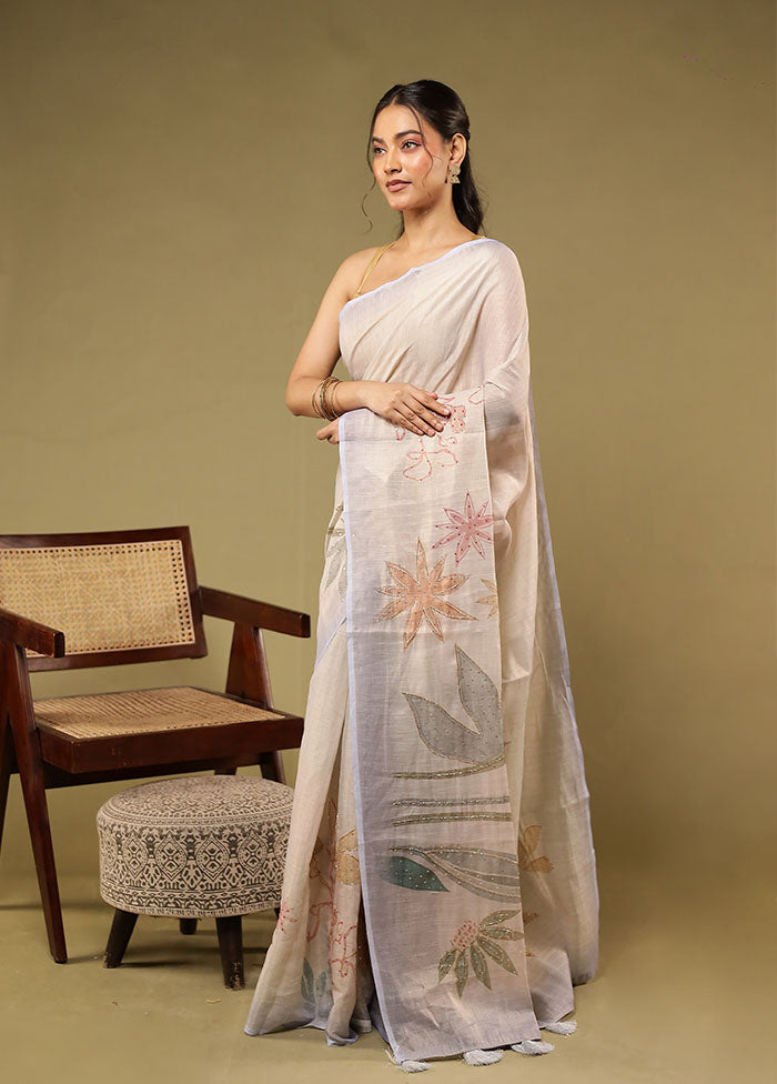 Cream Linen Silk Saree With Blouse Piece