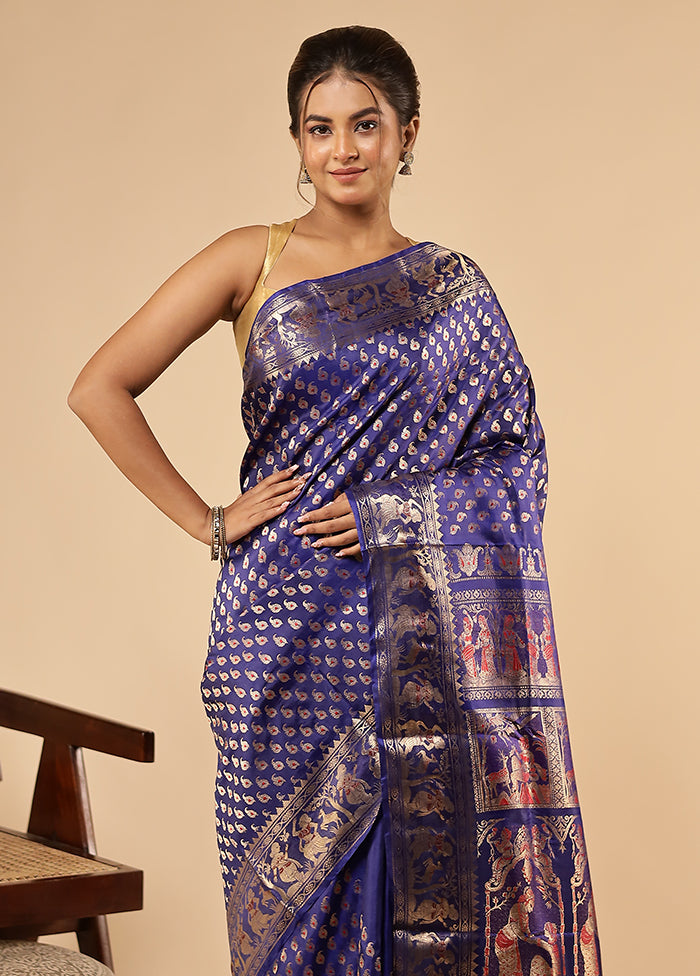 Blue Handloom Baluchari Pure Silk Saree With Blouse Piece