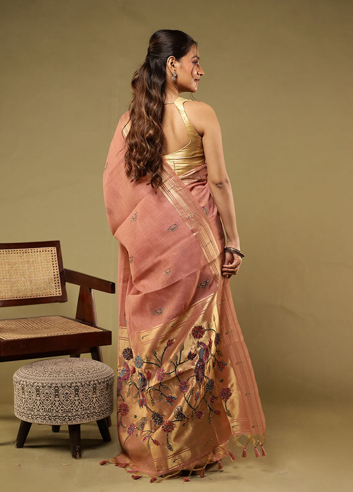 Pink Linen Silk Saree With Blouse Piece