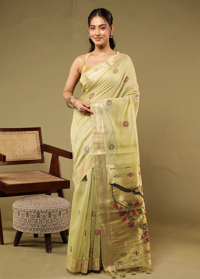 Green Linen Silk Saree With Blouse Piece