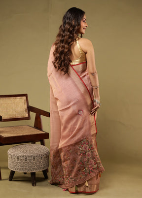 Pink Linen Silk Saree With Blouse Piece