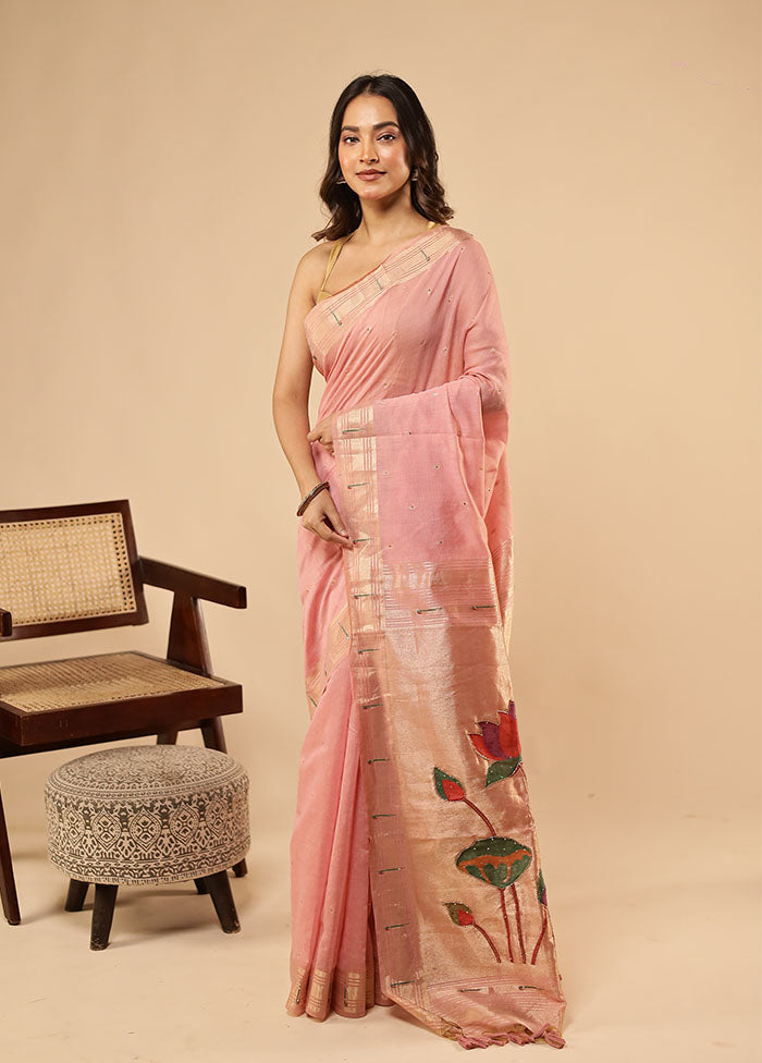 Pink Linen Silk Saree With Blouse Piece