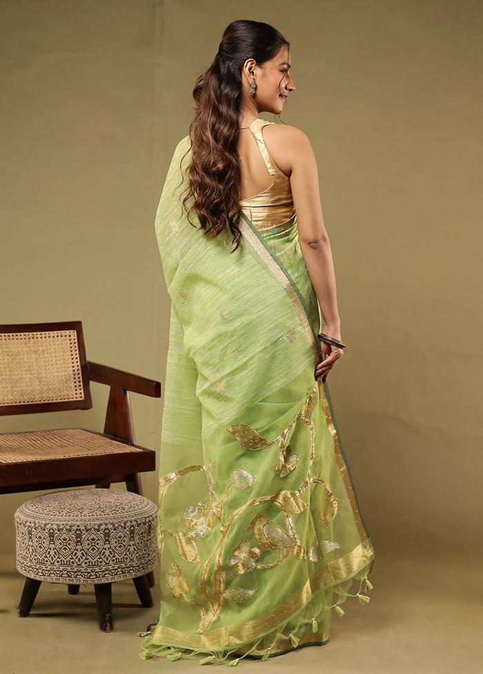 Green Linen Silk Saree With Blouse Piece