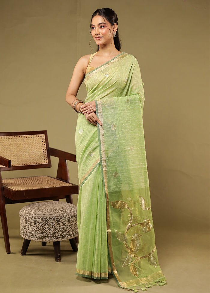 Green Linen Silk Saree With Blouse Piece
