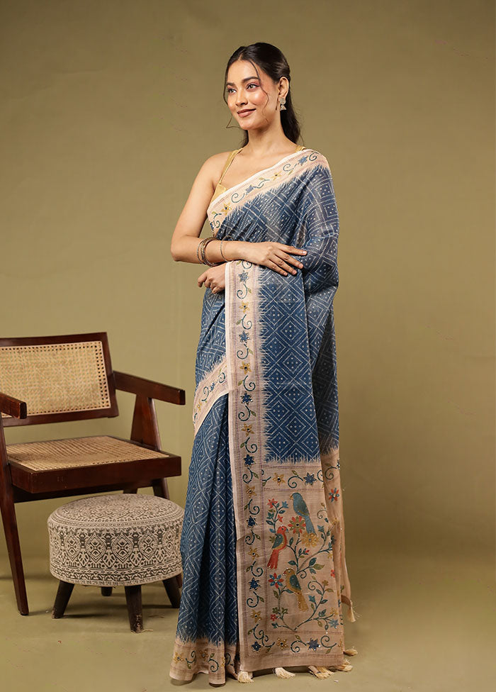 Blue Linen Silk Saree With Blouse Piece