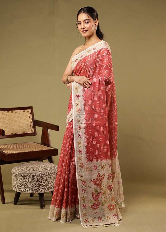 Pink Linen Silk Saree With Blouse Piece