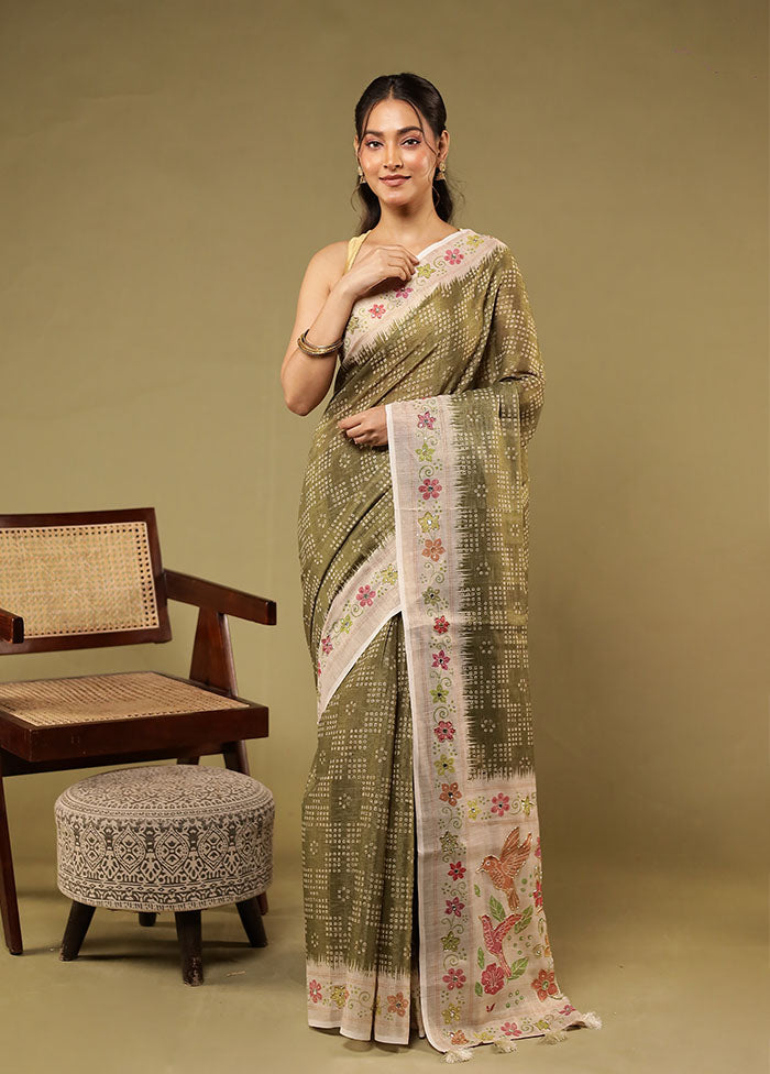 Green Linen Silk Saree With Blouse Piece