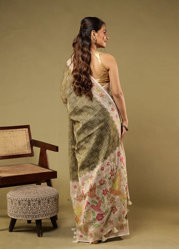 Green Linen Silk Saree With Blouse Piece
