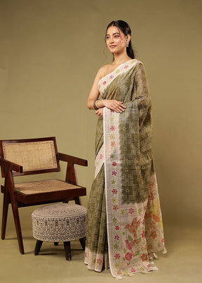 Green Linen Silk Saree With Blouse Piece