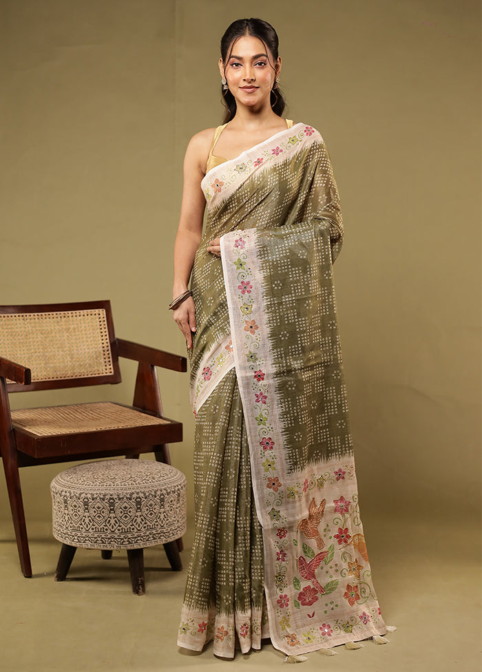 Green Linen Silk Saree With Blouse Piece