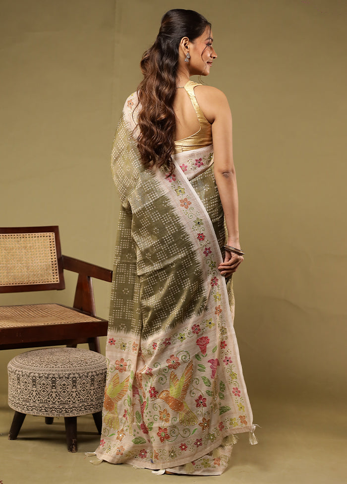 Green Linen Silk Saree With Blouse Piece