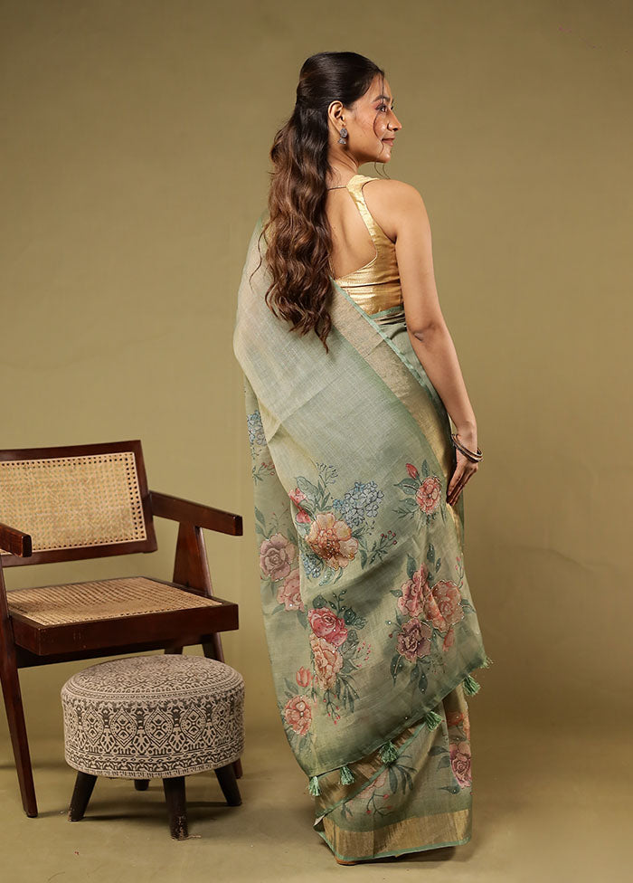 Green Linen Silk Saree With Blouse Piece