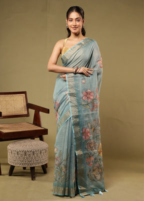 Blue Linen Silk Saree With Blouse Piece