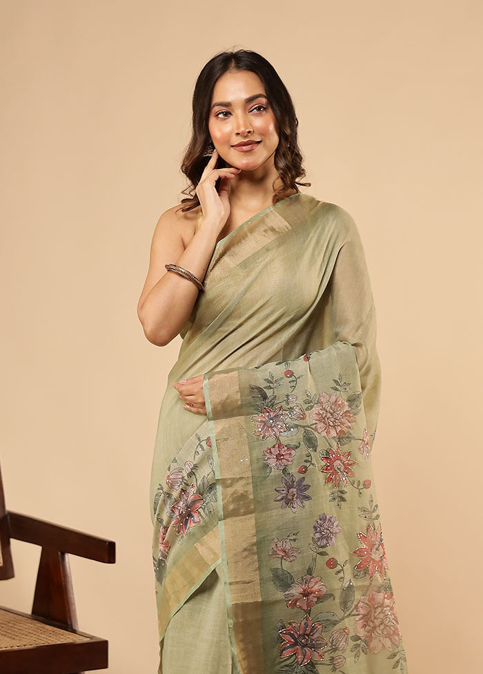 Green Linen Silk Saree With Blouse Piece