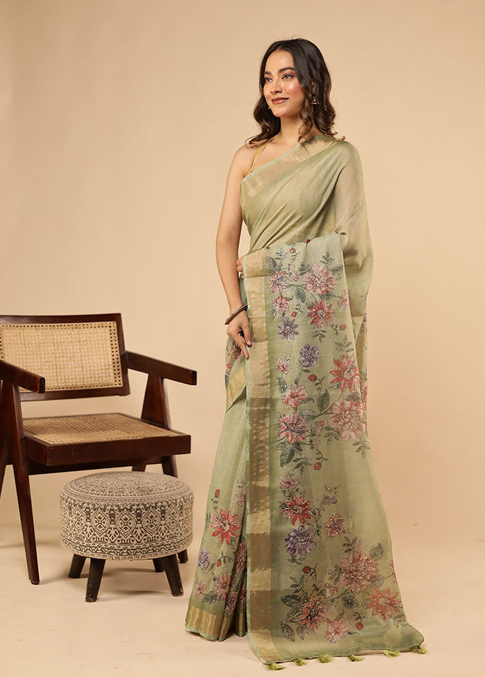 Green Linen Silk Saree With Blouse Piece