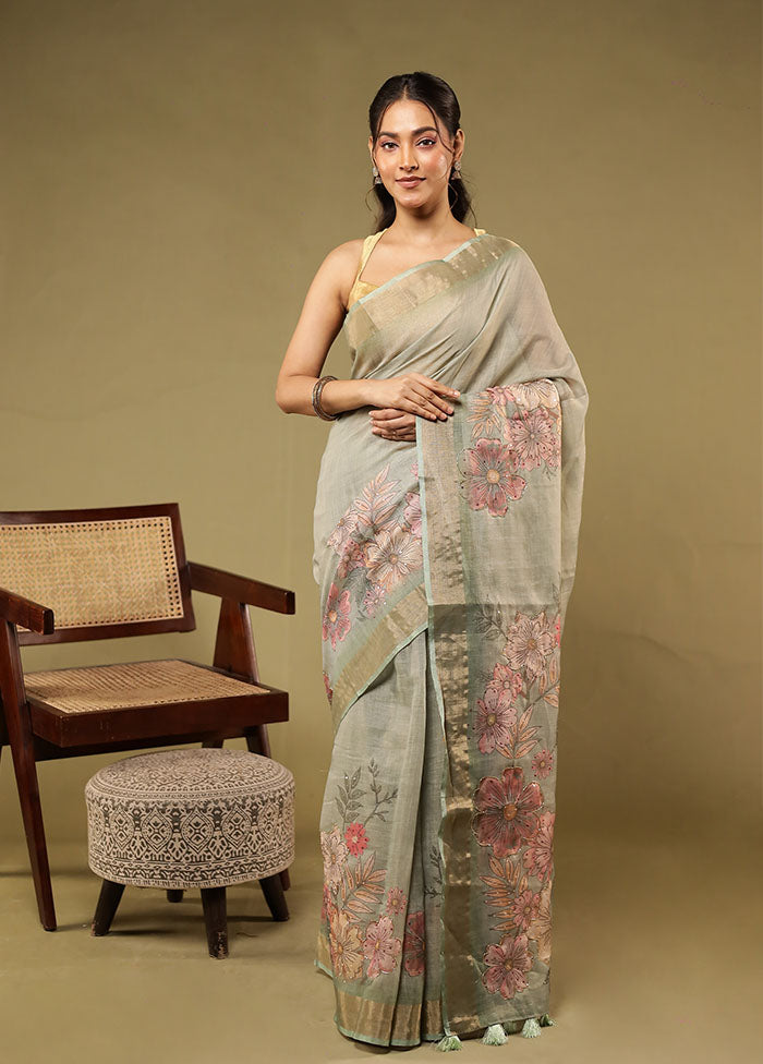 Green Linen Silk Saree With Blouse Piece