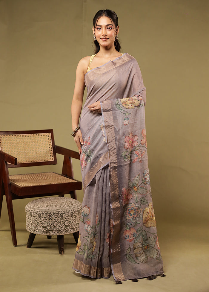 Purple Linen Silk Saree With Blouse Piece