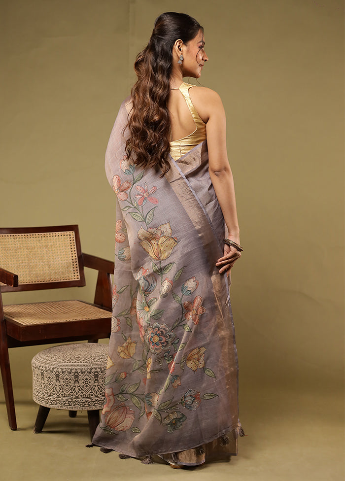 Purple Linen Silk Saree With Blouse Piece