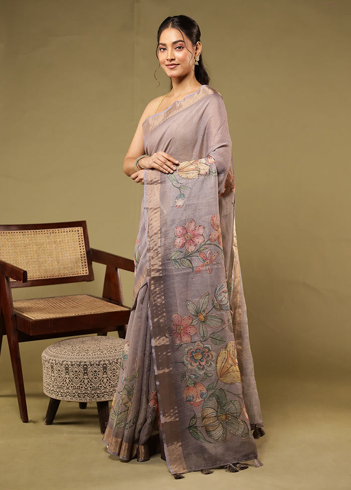 Purple Linen Silk Saree With Blouse Piece