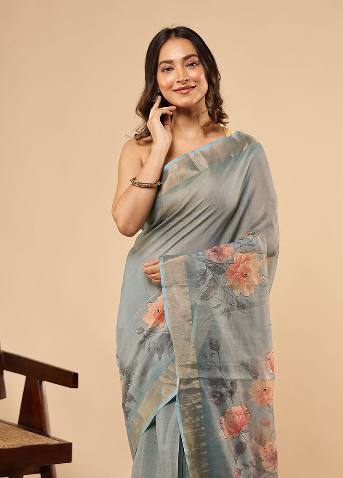 Blue Linen Silk Saree With Blouse Piece