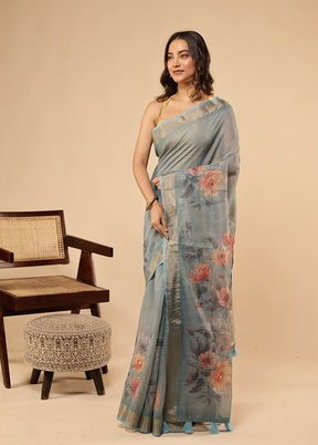 Blue Linen Silk Saree With Blouse Piece