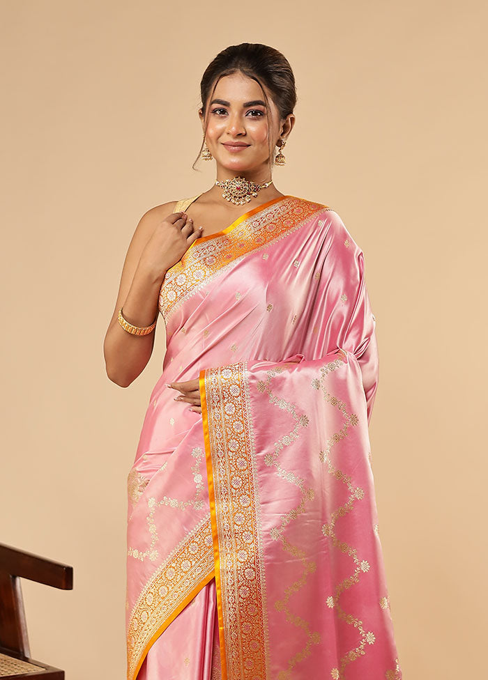 Pink Banarasi Silk Saree With Blouse Piece