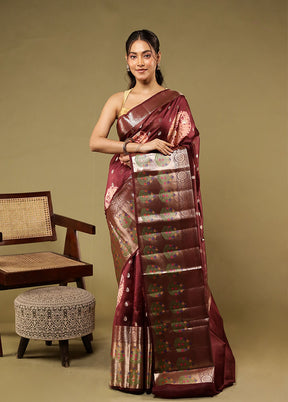 Maroon Handloom Dupion Pure Silk Saree With Blouse Piece