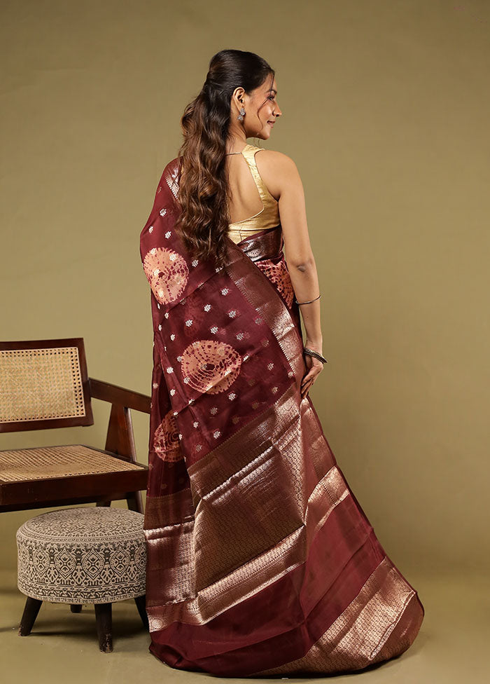 Maroon Handloom Dupion Pure Silk Saree With Blouse Piece