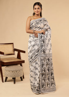 White Khadi Cotton Saree With Blouse Piece
