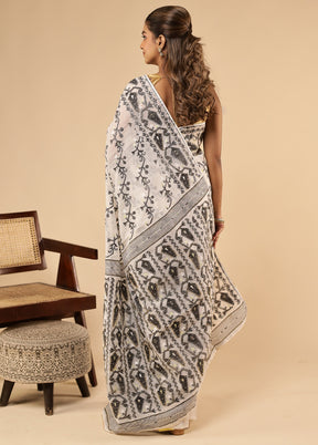 White Khadi Cotton Saree With Blouse Piece