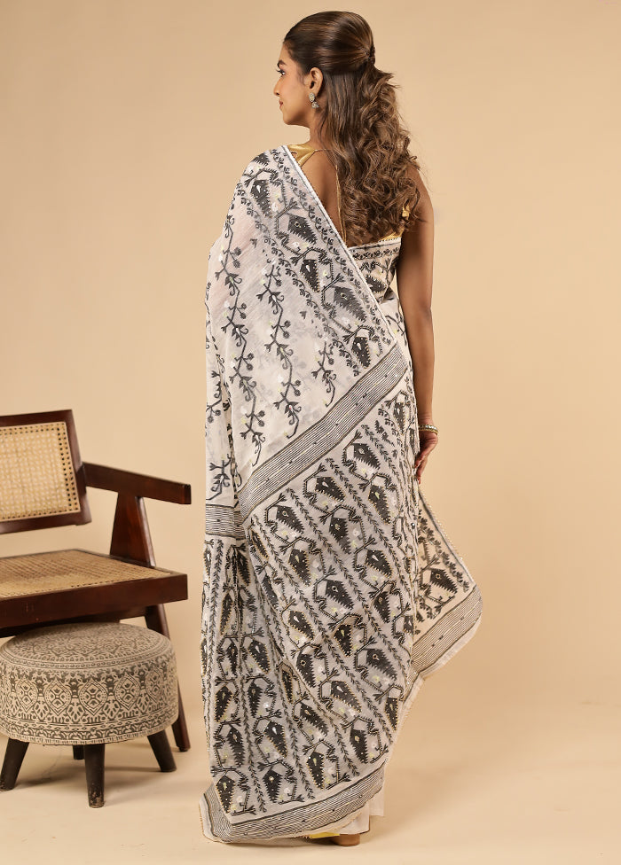 White Khadi Cotton Saree With Blouse Piece