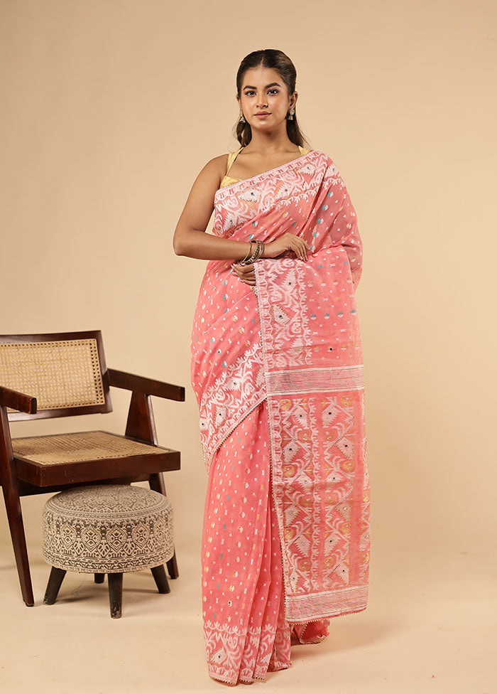 Pink Khadi Cotton Saree With Blouse Piece