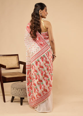 White Khadi Cotton Saree With Blouse Piece