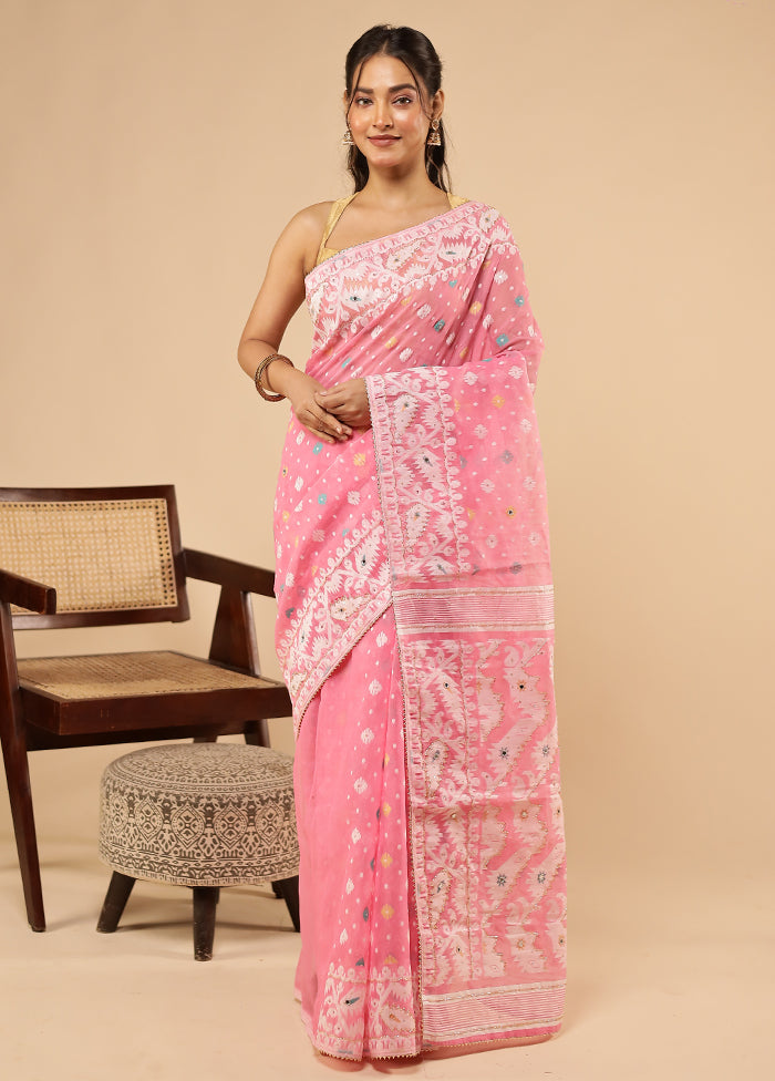 Pink Khadi Cotton Saree With Blouse Piece