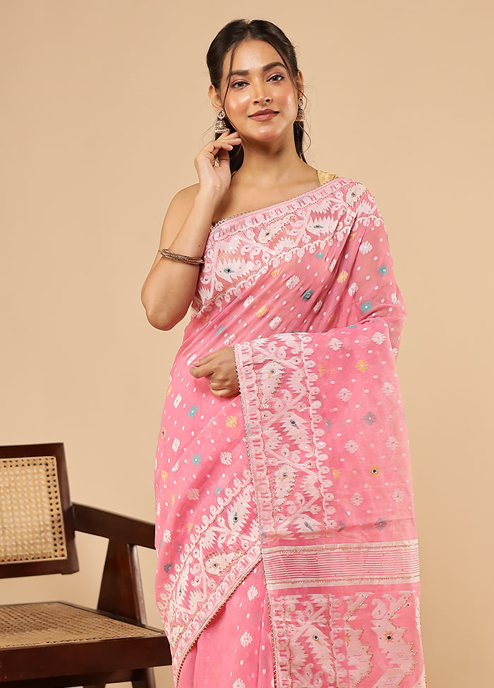 Pink Khadi Cotton Saree With Blouse Piece