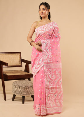 Pink Khadi Cotton Saree With Blouse Piece