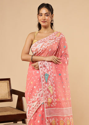 Pink Khadi Cotton Saree With Blouse Piece