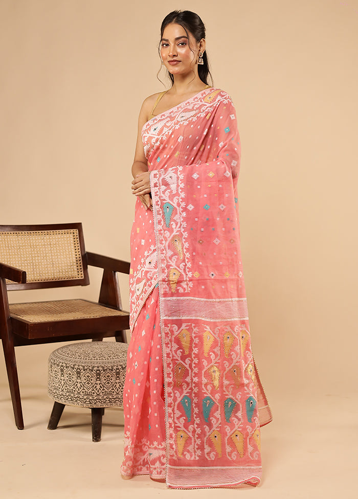 Pink Khadi Cotton Saree With Blouse Piece