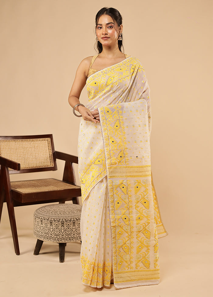 White Khadi Cotton Saree With Blouse Piece