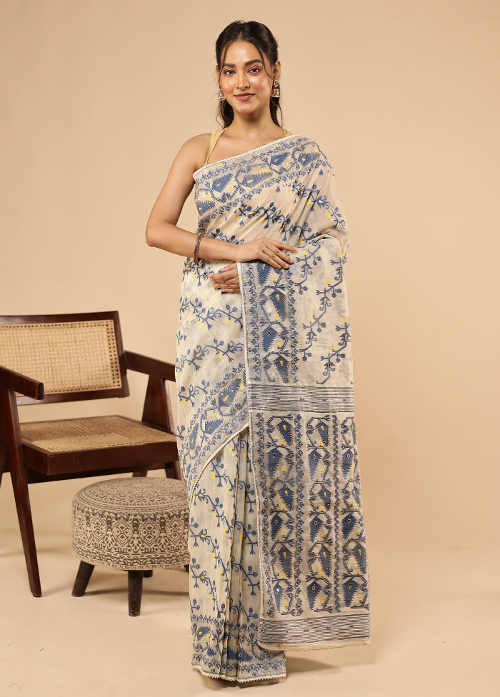 Cream Khadi Cotton Saree With Blouse Piece