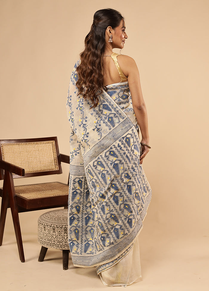 Cream Khadi Cotton Saree With Blouse Piece