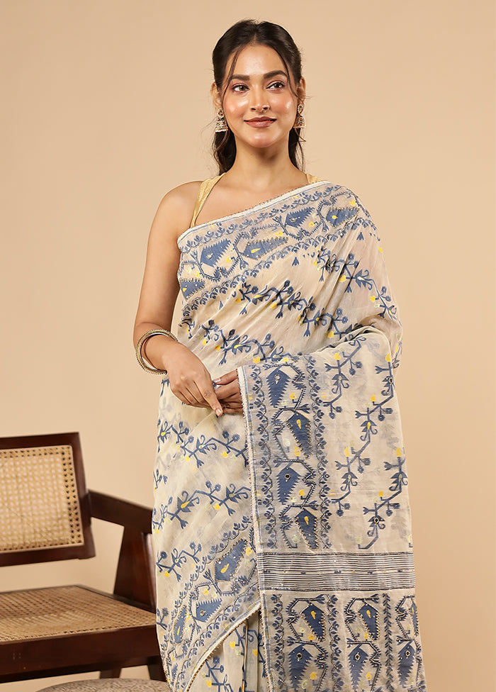 Cream Khadi Cotton Saree With Blouse Piece
